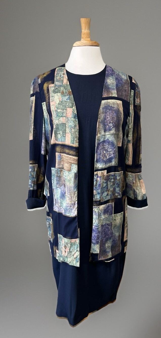 Peri Dress Duster 2pc Set Womens 14P 90s Lagenlook Boho Artisan Blue Watercolor